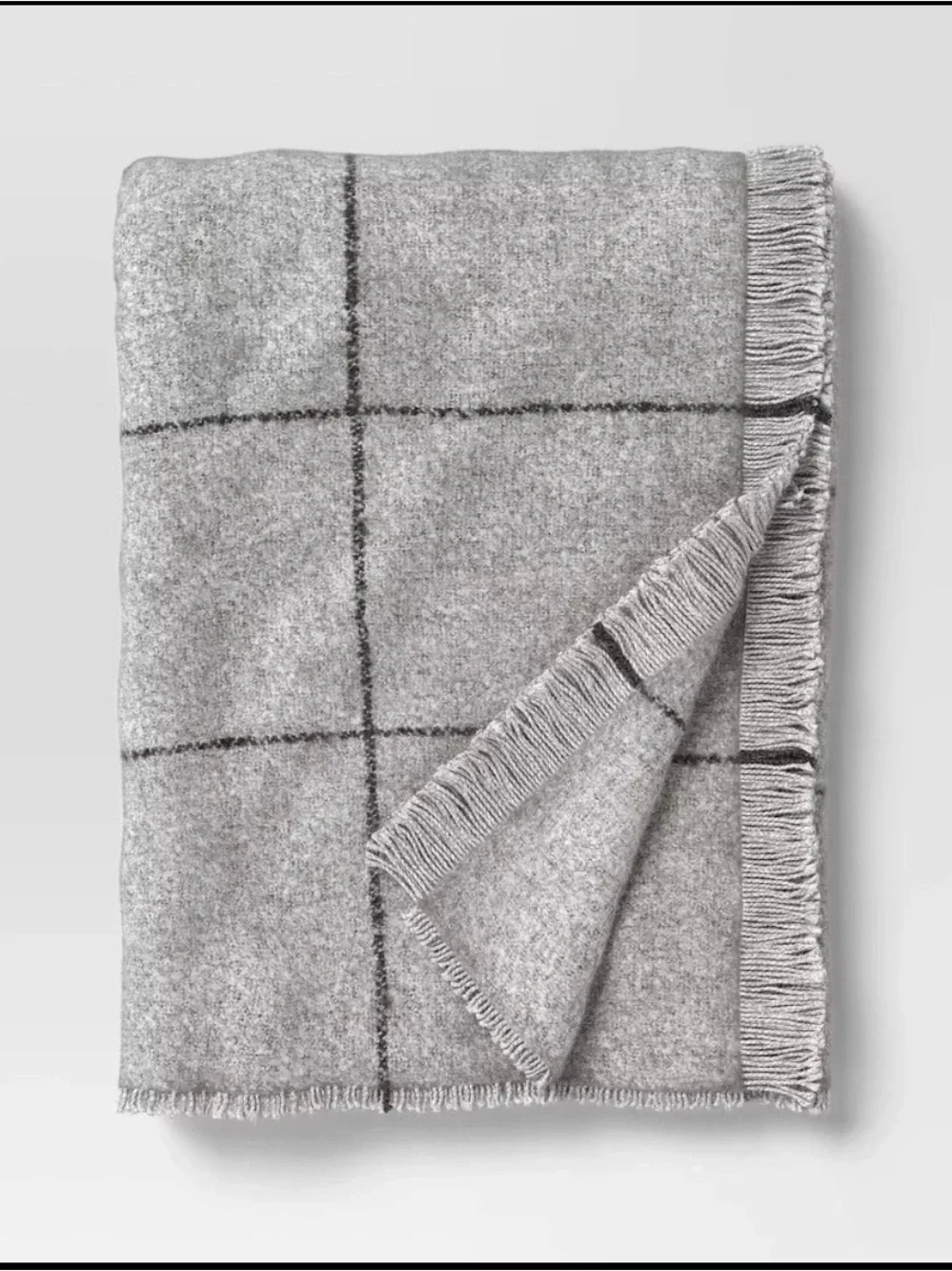 Gray Windowpane Fringe Throw Blanket - Unbranded